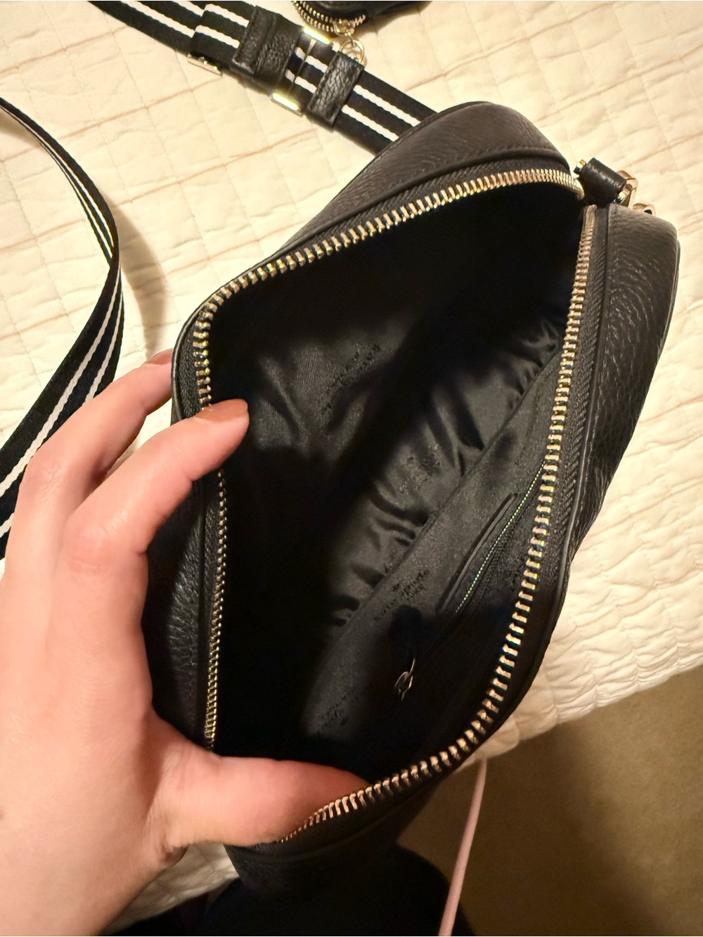 kate spade Black Leather Crossbody with Striped Strap and Gold Hardware